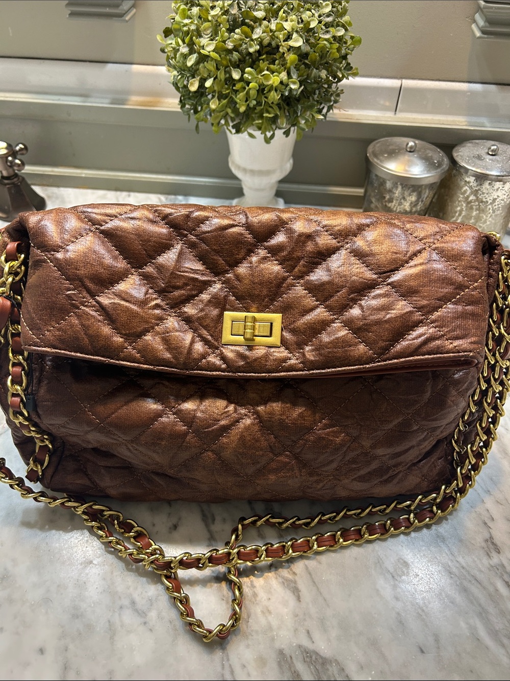 Quilted Brown  Chain-Shoulder Bag